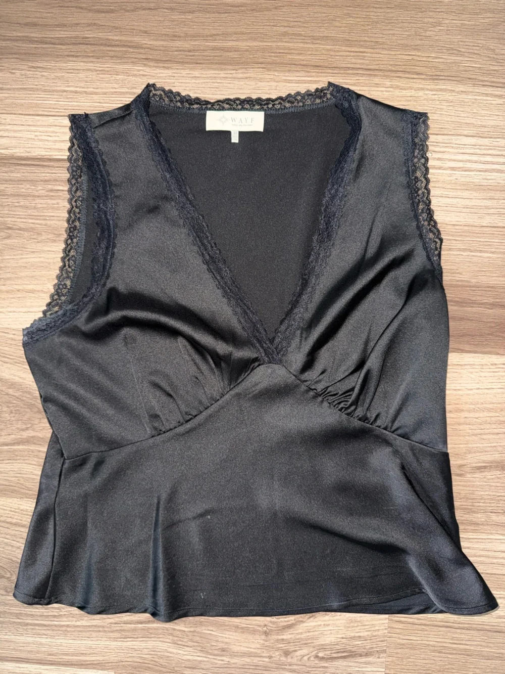 Wayf Black Satin Lace-Trim V-Neck Camisole